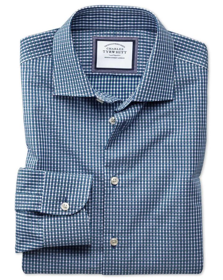 Charles Tyrwhitt Extra Slim Fit Business Casual Non-iron Modern Textures Navy Blue And Green Cotton Dress Shirt Single Cuff Size 14.5/32 By Charles Tyrwhitt