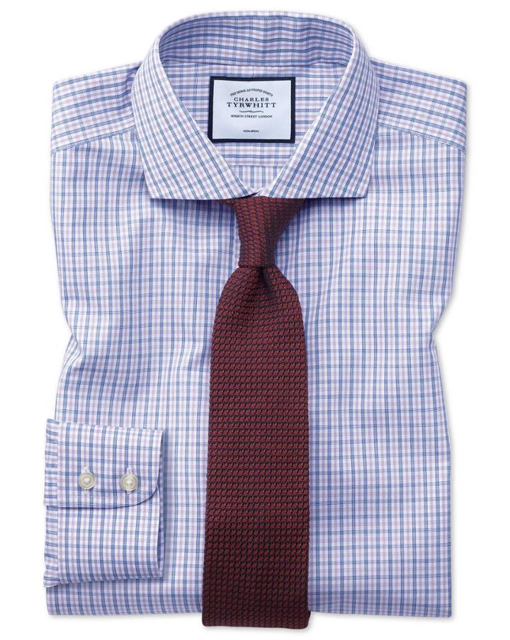  Extra Slim Fit Non-iron Blue And Purple Check Cotton Dress Shirt French Cuff Size 14.5/33 By Charles Tyrwhitt