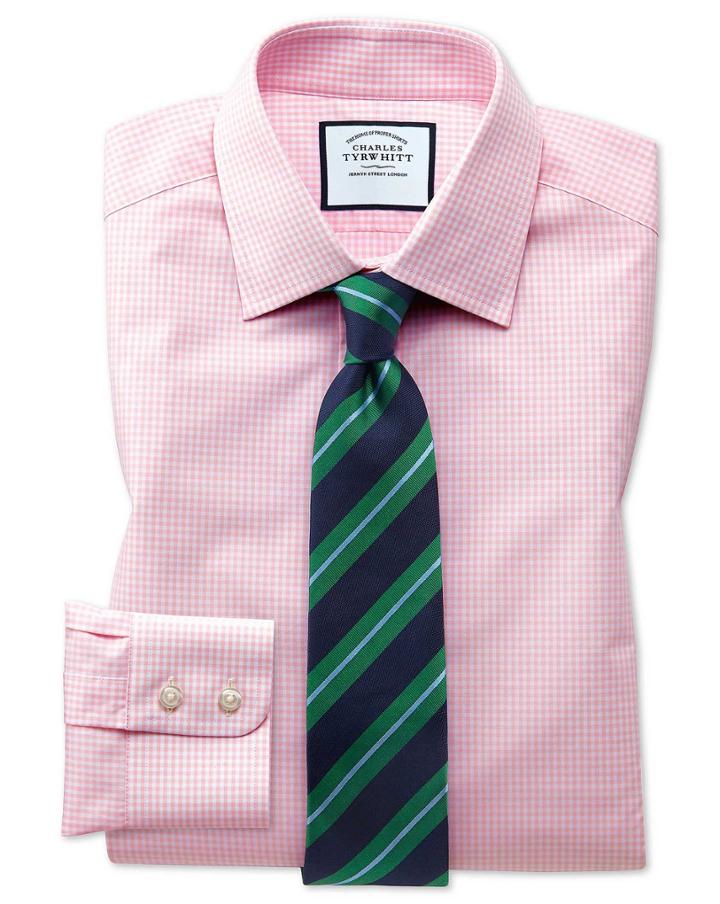  Classic Fit Light Pink Small Gingham Cotton Dress Shirt Single Cuff Size 15.5/33 By Charles Tyrwhitt