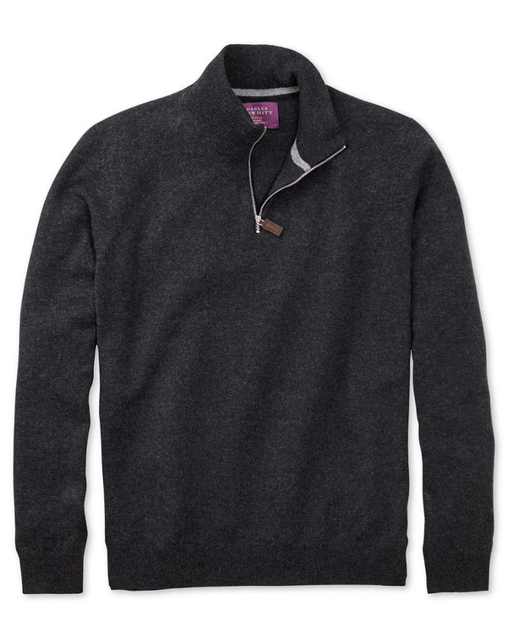  Charcoal Cashmere Zip Neck Sweater Size Large By Charles Tyrwhitt