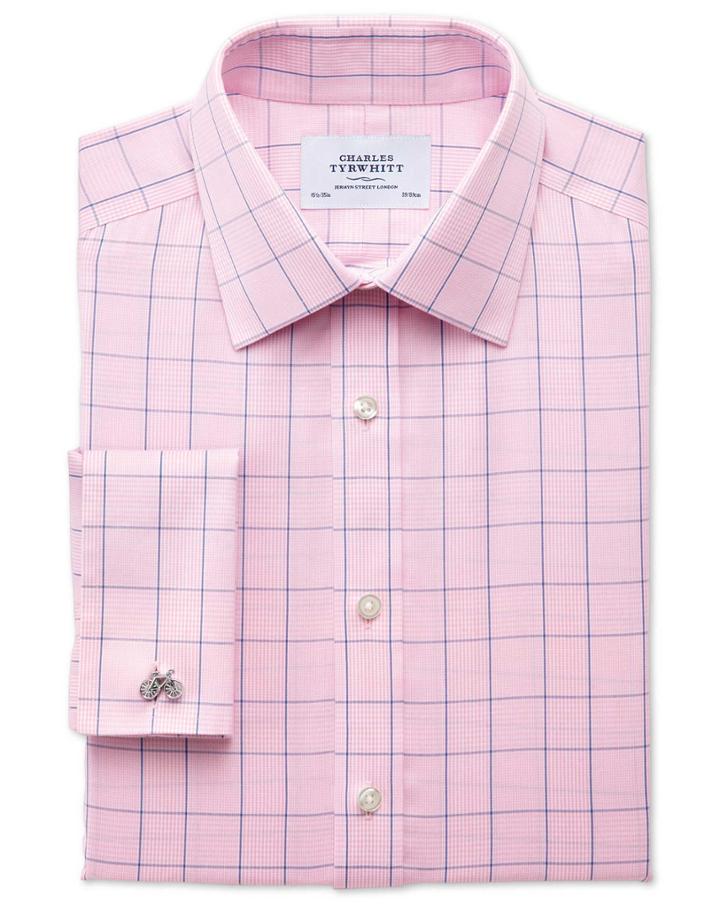 Charles Tyrwhitt Classic Fit Non-iron Prince Of Wales Check Pink And Blue Cotton Dress Shirt French Cuff Size 15/35 By Charles Tyrwhitt