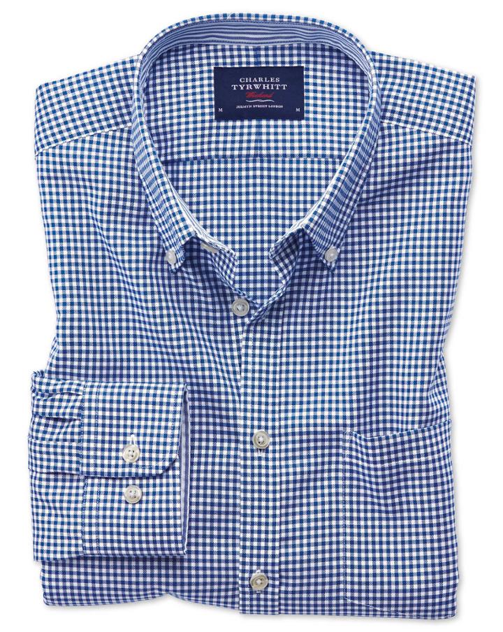 Charles Tyrwhitt Extra Slim Fit Button-down Non-iron Oxford Gingham Royal Blue Cotton Casual Shirt Single Cuff Size Xs By Charles Tyrwhitt