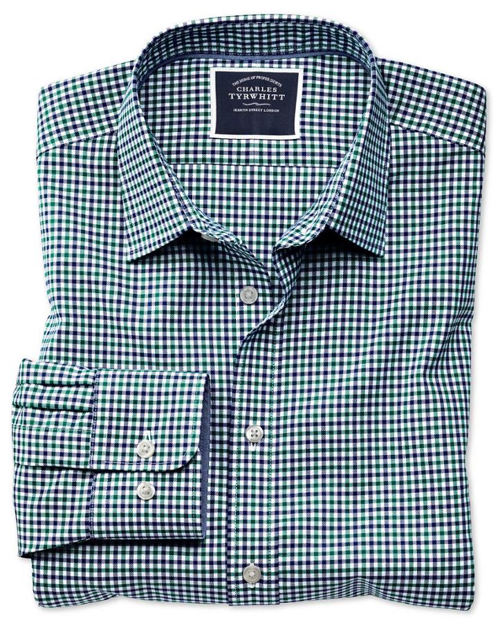  Classic Fit Non-iron Green And Blue Gingham Oxford Cotton Casual Shirt Single Cuff Size Large By Charles Tyrwhitt