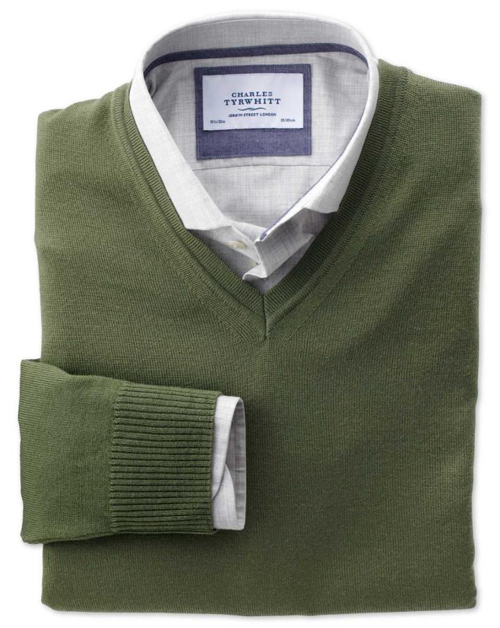 Charles Tyrwhitt Charles Tyrwhitt Olive Merino Wool V-neck Sweater Size Large