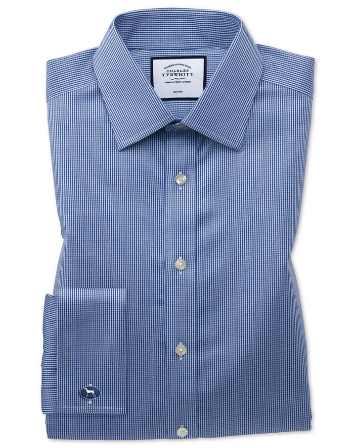  Classic Fit Non-iron Royal Blue Puppytooth Cotton Dress Shirt Single Cuff Size 15/33 By Charles Tyrwhitt