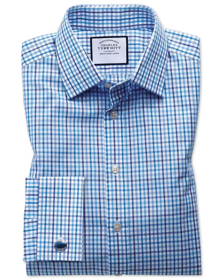 Charles Tyrwhitt Slim Fit Poplin Multi Blue Check Cotton Dress Shirt Single Cuff Size 14.5/32 By Charles Tyrwhitt
