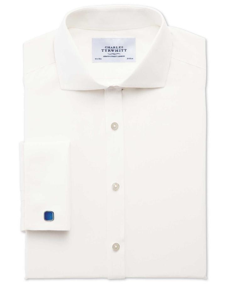 Charles Tyrwhitt Charles Tyrwhitt Extra Slim Fit Spread Collar Non-iron Poplin Cream Cotton Dress Shirt Size 14.5/32
