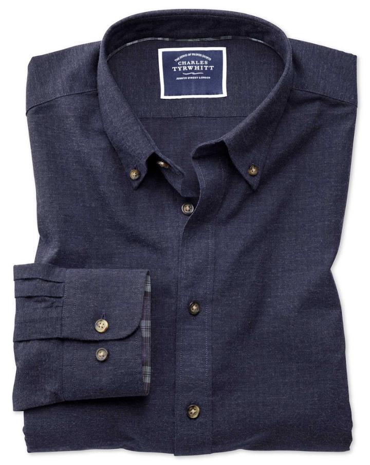  Classic Fit Blue Herringbone Melange Cotton Casual Shirt Single Cuff Size Medium By Charles Tyrwhitt