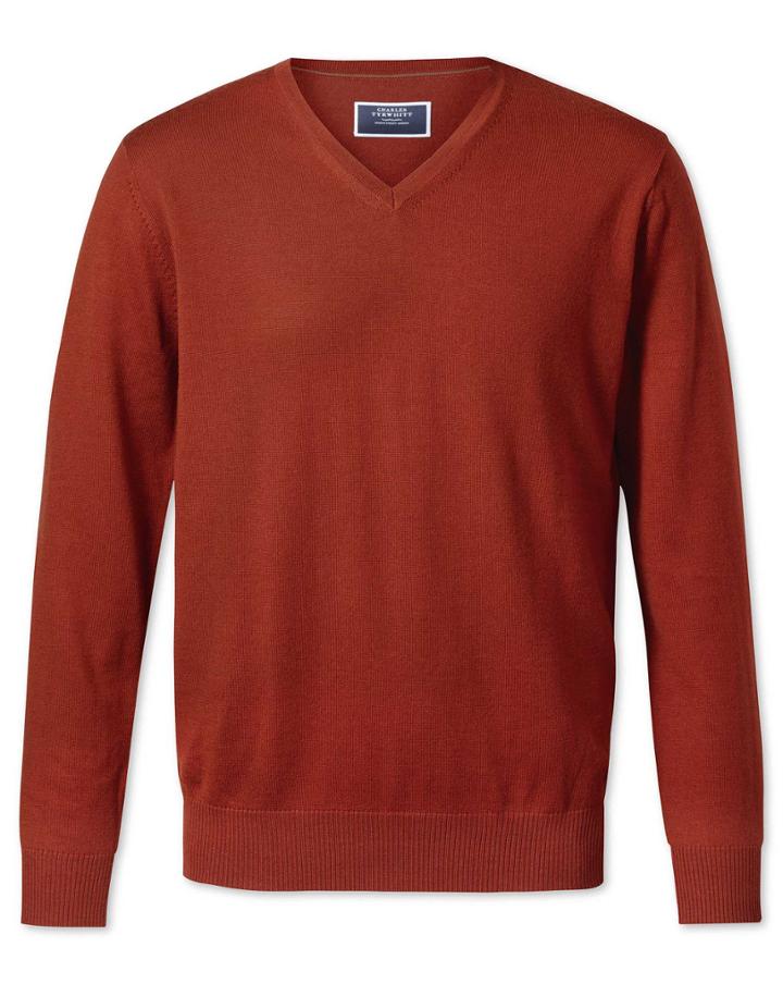 Rust V-neck Merino Wool Sweater Size Xxl By Charles Tyrwhitt