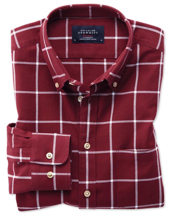 Charles Tyrwhitt Extra Slim Fit Button-down Washed Oxford Burgundy And White Check Cotton Casual Shirt Single Cuff Size Large By Charles Tyrwhitt