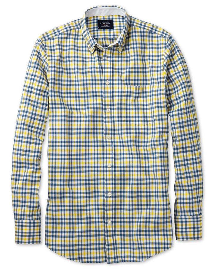 Charles Tyrwhitt Extra Slim Fit Blue And Yellow Check Washed Oxford Cotton Casual Shirt Single Cuff Size Medium By Charles Tyrwhitt