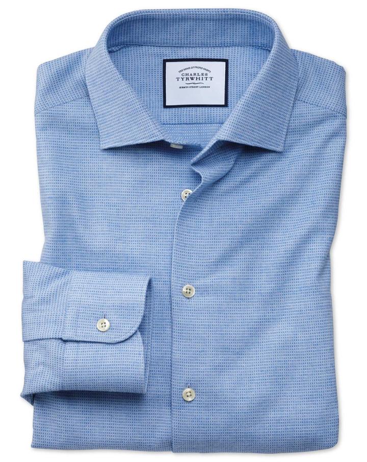  Slim Fit Business Casual Sky Blue Square Pattern Soft Cotton Dress Shirt Single Cuff Size 14.5/33 By Charles Tyrwhitt