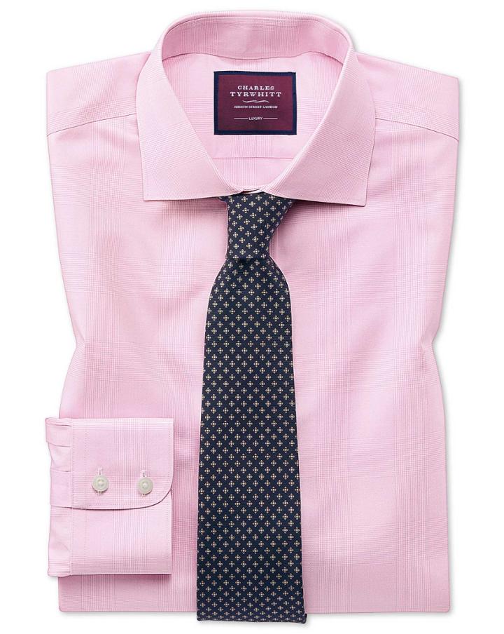  Classic Fit Luxury Non-iron Prince Of Wales Check Pink Cotton Dress Shirt Single Cuff Size 15.5/33 By Charles Tyrwhitt