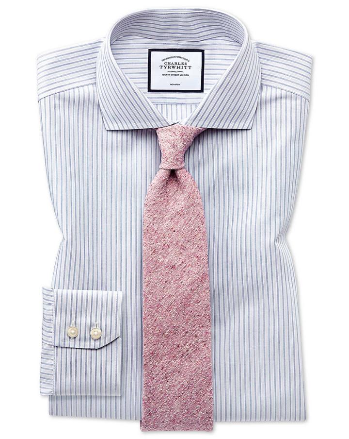  Slim Fit Non-iron Shadow Stripe Grey Cotton Dress Shirt Single Cuff Size 15.5/35 By Charles Tyrwhitt