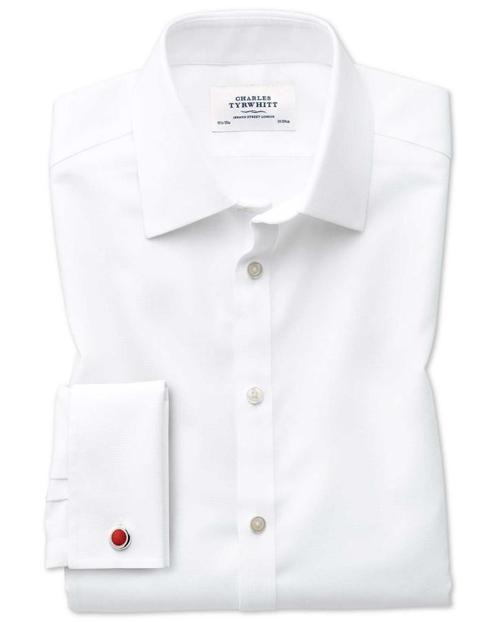 Charles Tyrwhitt Slim Fit Non-iron Square Weave White Cotton Dress Casual Shirt French Cuff Size 14.5/33 By Charles Tyrwhitt