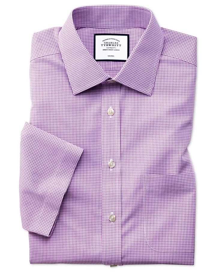  Classic Fit Non-iron Pink Check Natural Cool Short Sleeve Cotton Dress Shirt Size 17.5/short By Charles Tyrwhitt