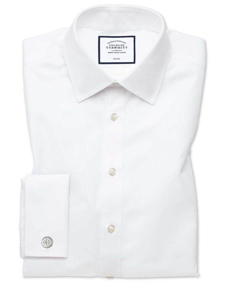  Extra Slim Fit White Non-iron Twill Cotton Dress Shirt French Cuff Size 14.5/32 By Charles Tyrwhitt
