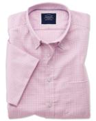  Slim Fit Pink Short Sleeve Gingham Soft Washed Non-iron Stretch Cotton Casual Shirt Single Cuff Size Medium By Charles Tyrwhitt