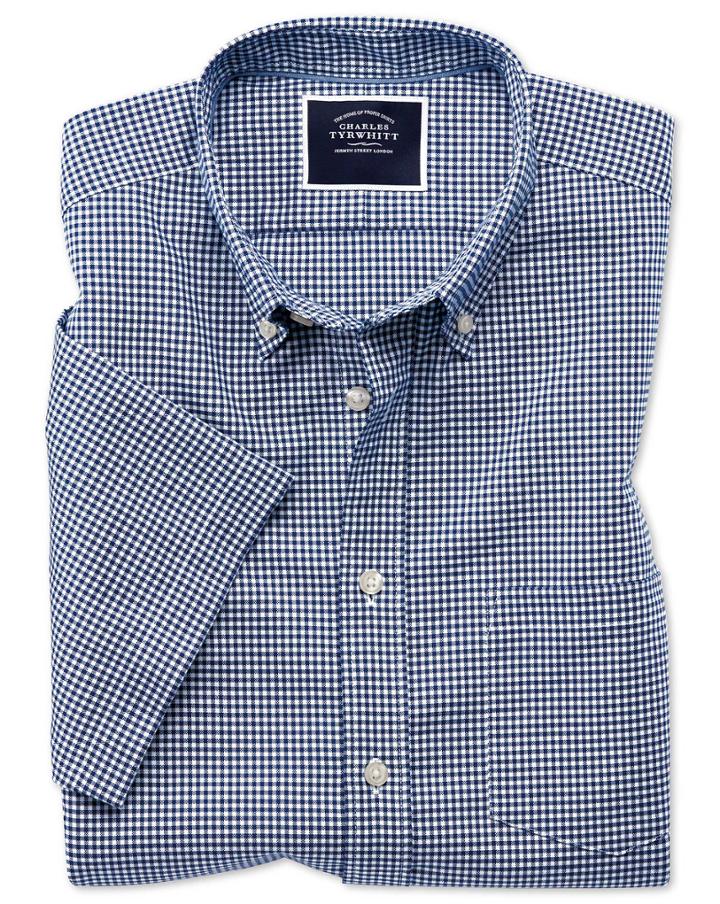  Slim Fit Royal Blue Short Sleeve Gingham Soft Washed Non-iron Stretch Cotton Casual Shirt Single Cuff Size Medium By Charles Tyrwhitt