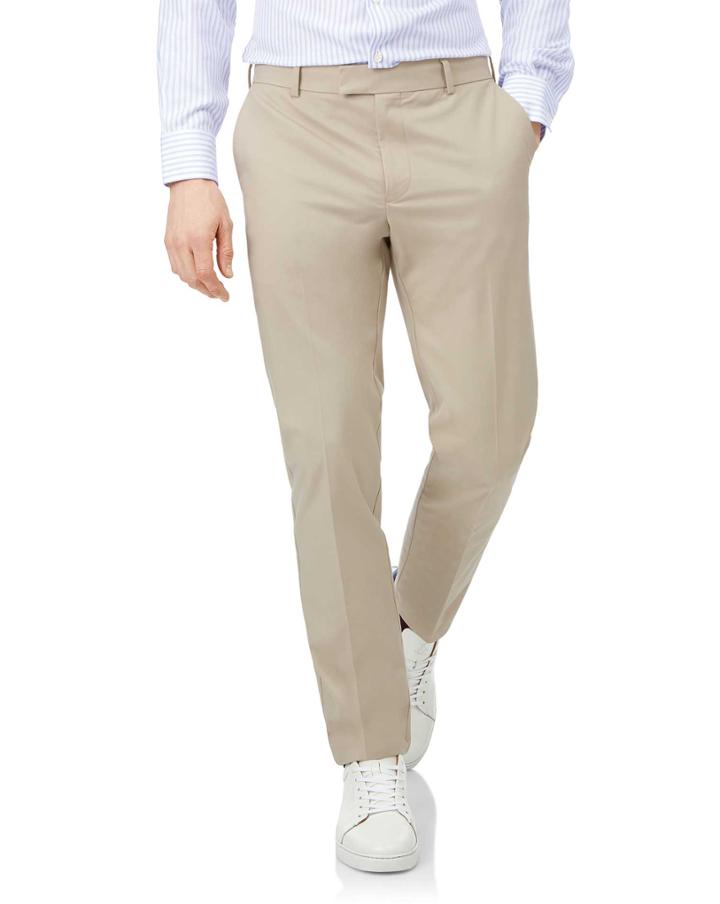  Stone Flat Front Non-iron Cotton Chino Pants Size W32 L30 By Charles Tyrwhitt