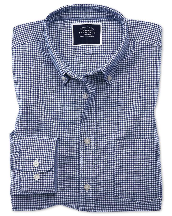  Slim Fit Royal Blue Gingham Soft Washed Non-iron Stretch Cotton Casual Shirt Single Cuff Size Medium By Charles Tyrwhitt
