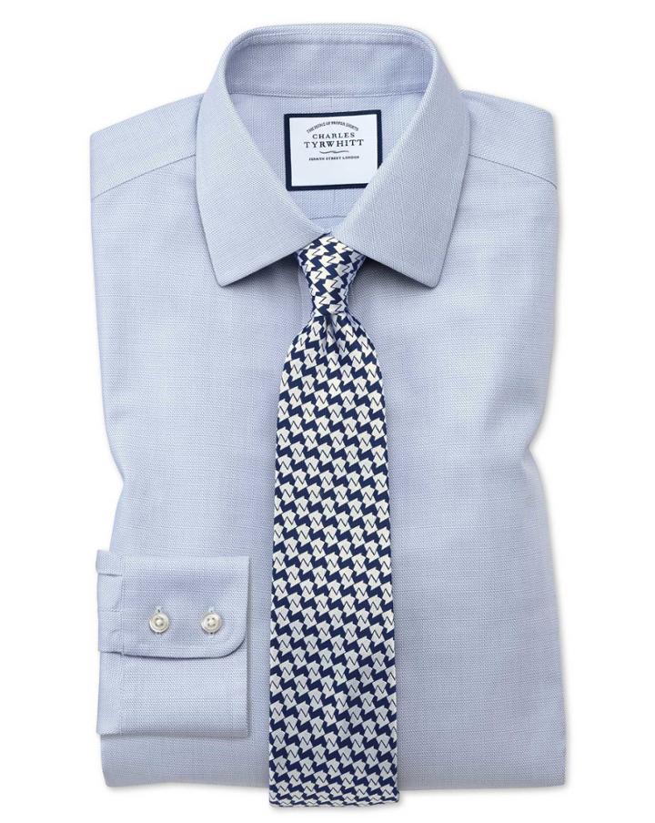 Charles Tyrwhitt Extra Slim Fit Non-iron Step Weave Mid Blue Cotton Dress Shirt French Cuff Size 14.5/32 By Charles Tyrwhitt