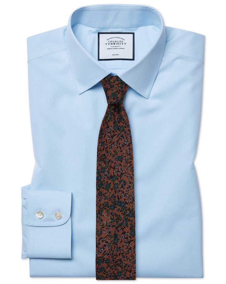  Slim Fit Sky Blue Non-iron Poplin Cotton Dress Shirt Single Cuff Size 15/32 By Charles Tyrwhitt
