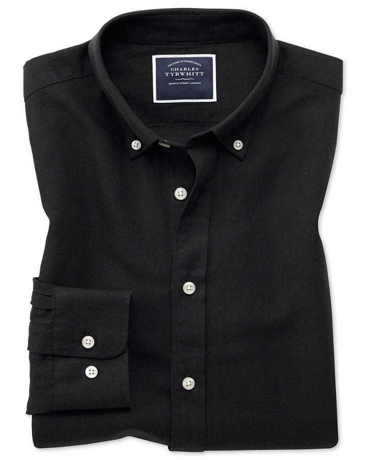  Slim Fit Black Cotton Linen Twill Casual Shirt Single Cuff Size Large By Charles Tyrwhitt