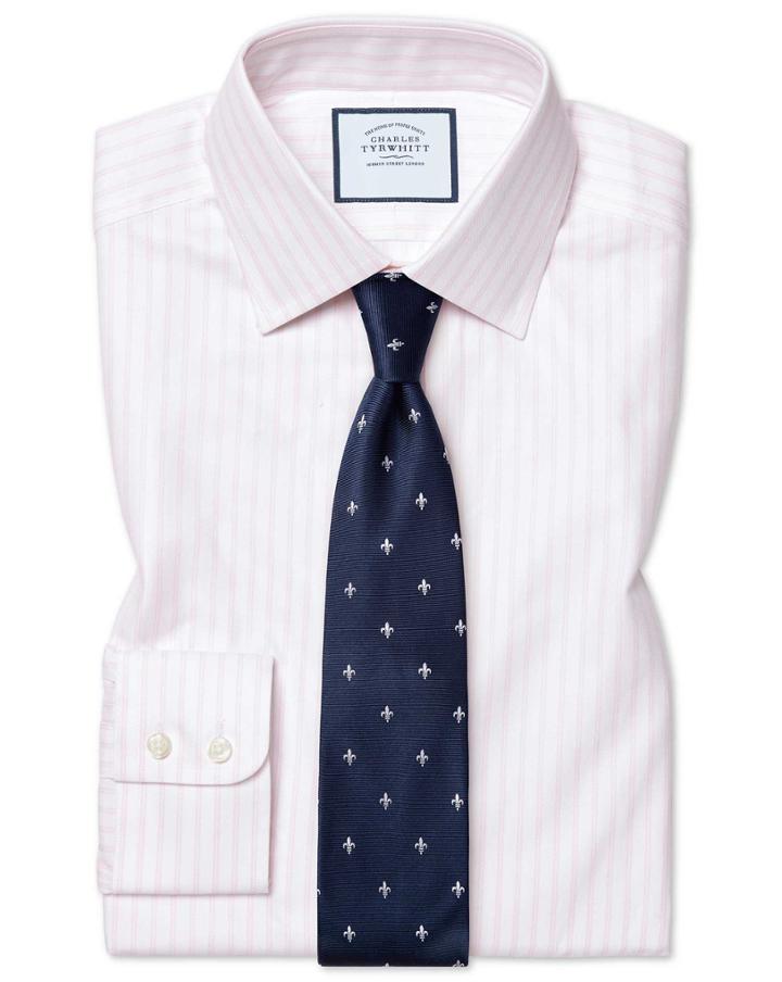  Slim Fit Brushed-back Basketweave Pink Stripe Cotton Dress Shirt Single Cuff Size 14.5/33 By Charles Tyrwhitt