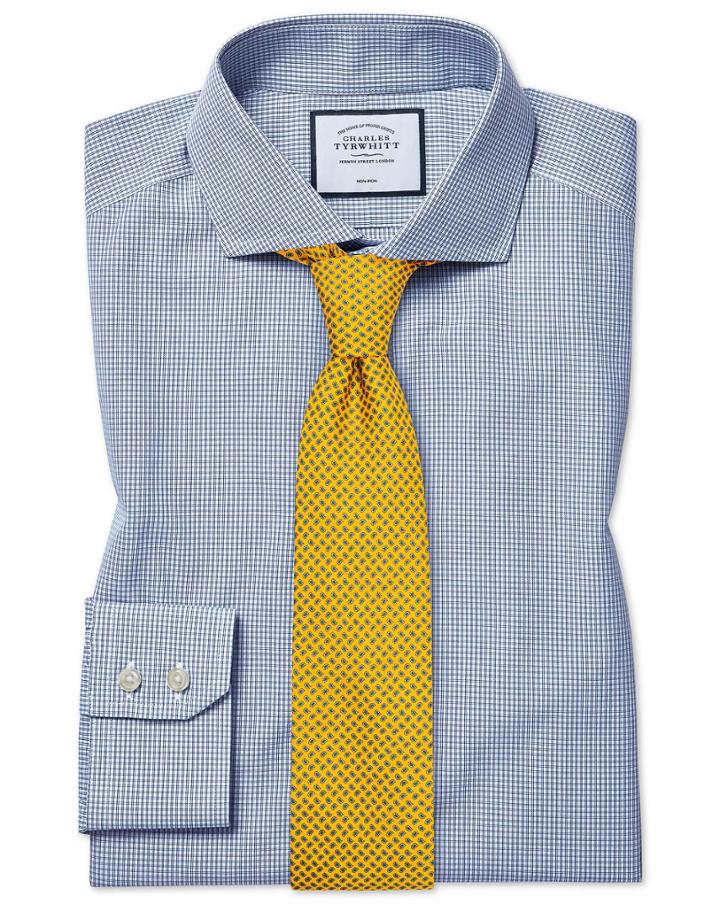  Extra Slim Fit Non-iron Spread Collar Tyrwhitt Cool Poplin Check Blue Cotton Dress Shirt Single Cuff Size 14.5/32 By Charles Tyrwhitt