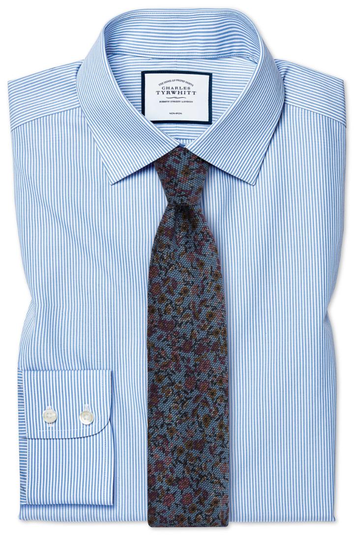 Slim Fit Non-iron Sky Blue Bengal Stripe Cotton Dress Shirt Single Cuff Size 14.5/33 By Charles Tyrwhitt