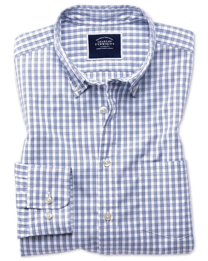  Classic Fit Navy Gingham Soft Washed Non-iron Tyrwhitt Cool Cotton Casual Shirt Single Cuff Size Medium By Charles Tyrwhitt