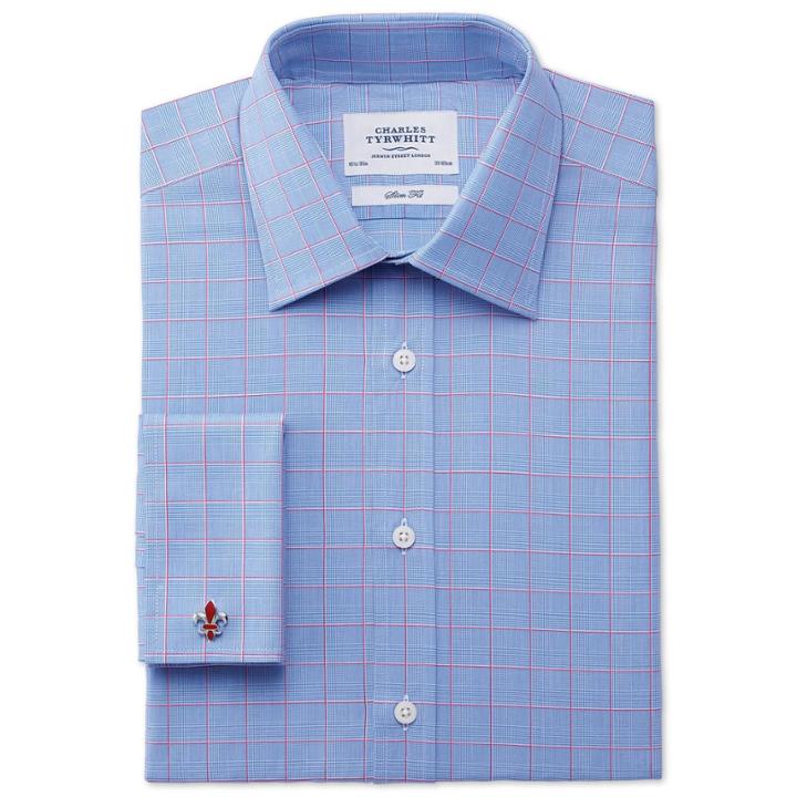 Charles Tyrwhitt Charles Tyrwhitt Slim Fit Prince Of Wales Check Pink Satin Egyptian Cotton Dress Shirt Size 14.5/33