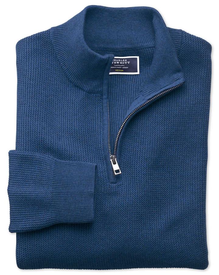 Charles Tyrwhitt Blue Pima Cotton Textured Zip Neck Sweater Size Large By Charles Tyrwhitt