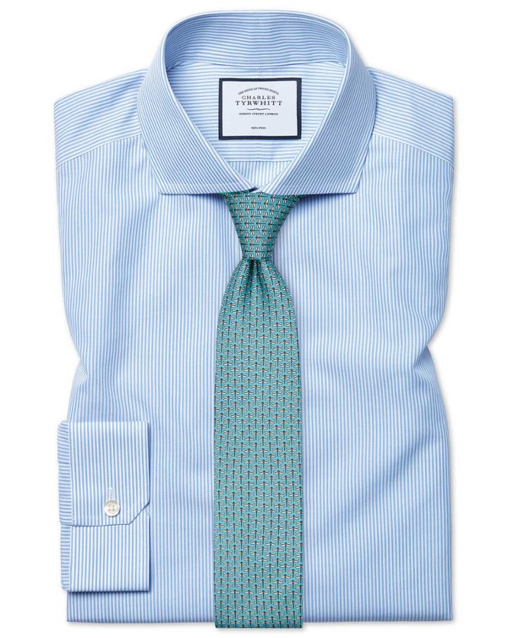  Super Slim Fit Non-iron Spread Collar Sky Blue Bengal Stripe Cotton Dress Shirt French Cuff Size 14/33 By Charles Tyrwhitt