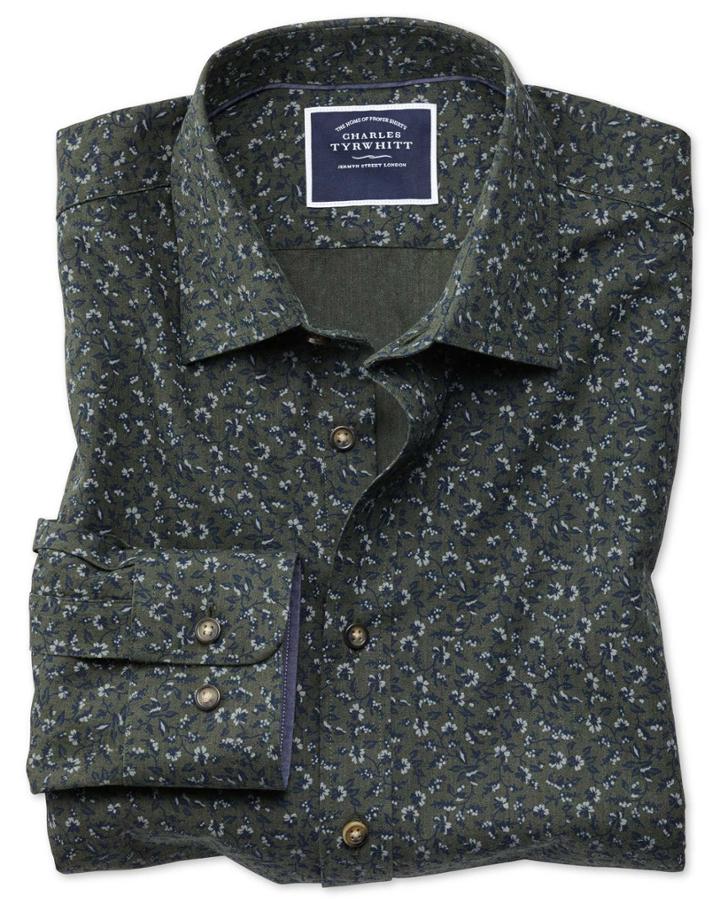  Classic Fit Green Floral Print Cotton Casual Shirt Single Cuff Size Large By Charles Tyrwhitt