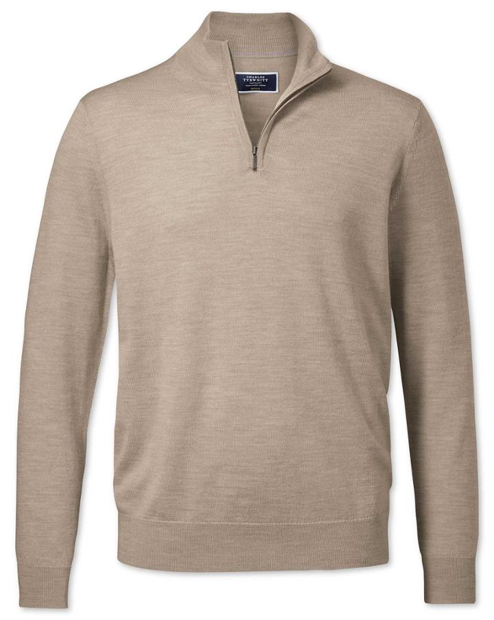  Stone Merino Zip Neck Merino Wool Jumper Size Large By Charles Tyrwhitt