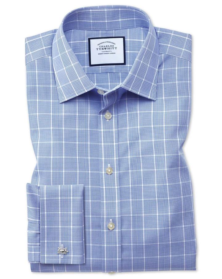 Charles Tyrwhitt Slim Fit Non-iron Prince Of Wales Mid Blue Cotton Dress Shirt Single Cuff Size 14.5/32 By Charles Tyrwhitt