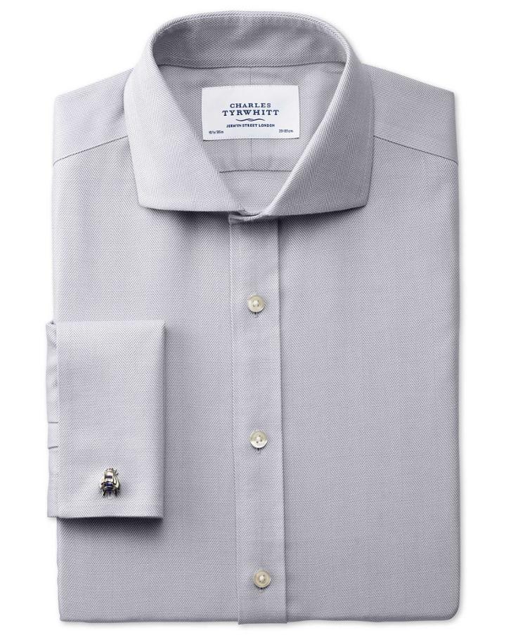 Charles Tyrwhitt Extra Slim Fit Spread Collar Non-iron Herringbone Grey Cotton Dress Shirt French Cuff Size 15.5/34 By Charles Tyrwhitt