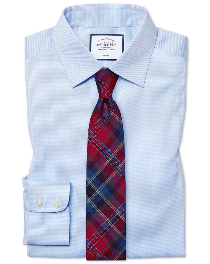  Slim Fit Non-iron Sky Blue Puppytooth Cotton Dress Shirt Single Cuff Size 14.5/33 By Charles Tyrwhitt