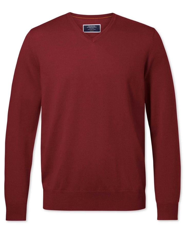  Dark Red Merino V-neck Merino Wool Jumper Size Large By Charles Tyrwhitt