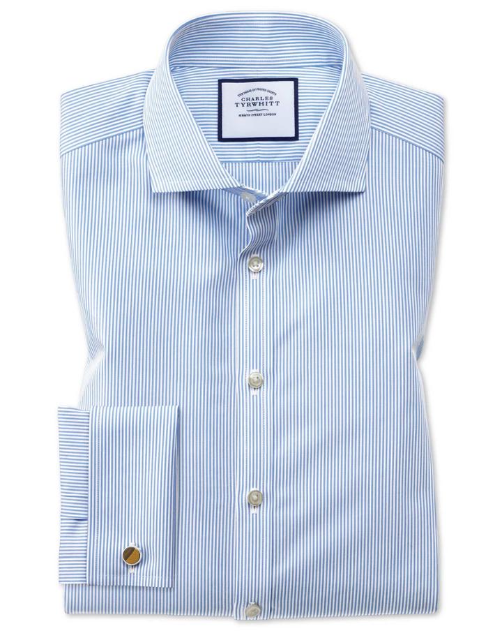 Charles Tyrwhitt Super Slim Fit Spread Collar Non-iron Bengal Stripe Blue Cotton Dress Shirt Single Cuff Size 14.5/32 By Charles Tyrwhitt