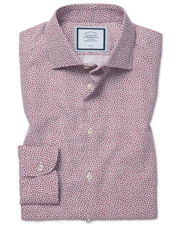  Extra Slim Fit Non-iron Leaf Print Berry Cotton Dress Shirt Single Cuff Size 14.5/33 By Charles Tyrwhitt