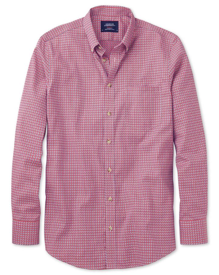 Charles Tyrwhitt Charles Tyrwhitt Extra Slim Fit Non-iron Poplin Coral And Navy Check Cotton Dress Shirt Size Large