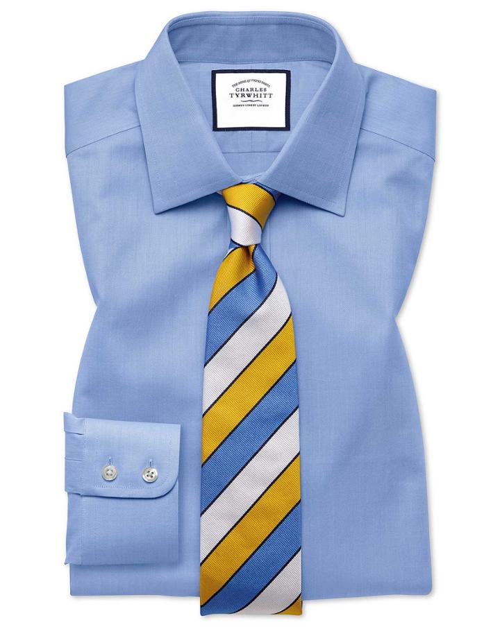 Slim Fit Sky Blue Fine Herringbone Cotton Dress Shirt French Cuff Size 14.5/33 By Charles Tyrwhitt