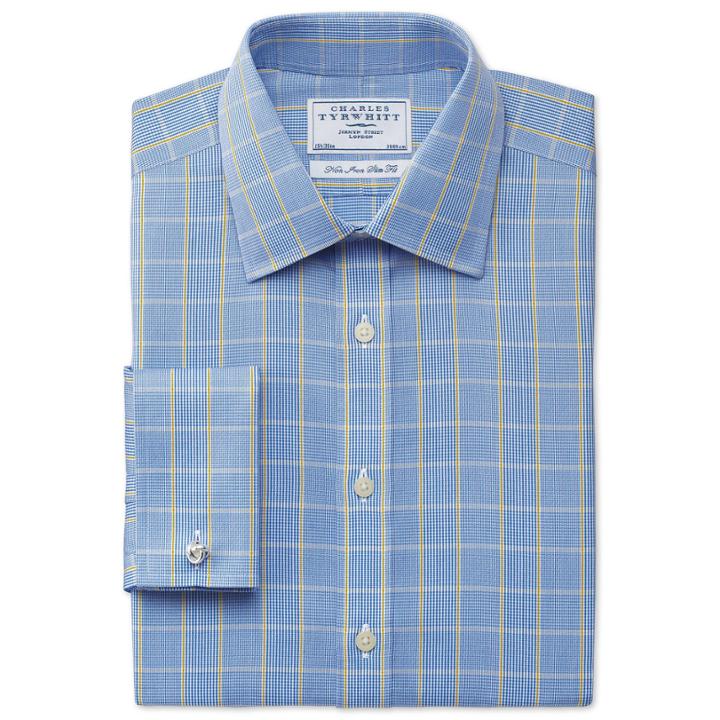 Charles Tyrwhitt Charles Tyrwhitt Blue And Gold Prince Of Wales Check Non-iron Slim Fit Shirt (14.5 - 33)