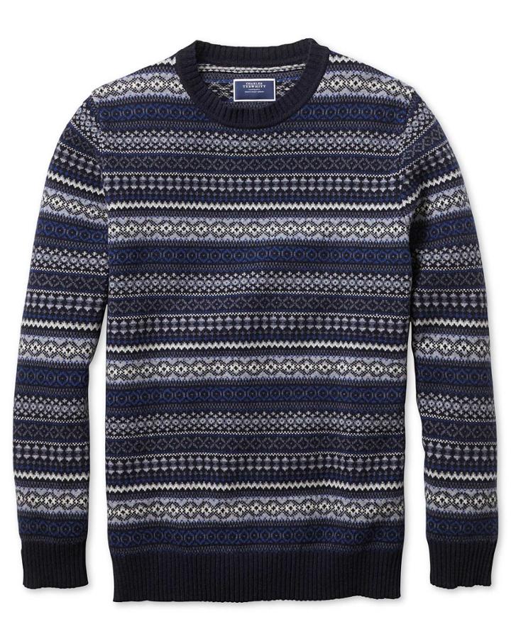  Navy And Blue Crew Neck Fair Isle Wool Sweater Size Xxl By Charles Tyrwhitt