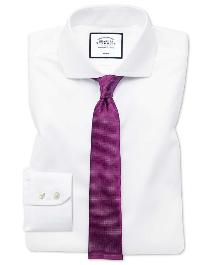  Extra Slim Fit White Non-iron Twill Spread Collar Cotton Dress Shirt Single Cuff Size 14.5/32 By Charles Tyrwhitt
