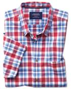 Charles Tyrwhitt Slim Fit Button-down Poplin Short Sleeve Sky Blue And Red Check Cotton Casual Shirt Single Cuff Size Medium By Charles Tyrwhitt