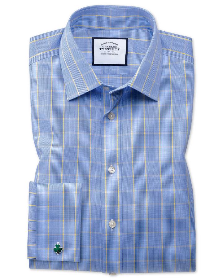 Charles Tyrwhitt Slim Fit Non-iron Prince Of Wales Blue And Gold Cotton Dress Shirt French Cuff Size 14.5/33 By Charles Tyrwhitt
